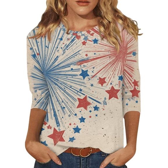 Womens 4th of July Shirts 3/4 Sleeve Tshirts Casual American Flag Print Pullover Independence Day Patriotic Tops USA 250th Anniversary Celebration Party Crew Neck 1776-2026 Blouses Dark Blue XL
