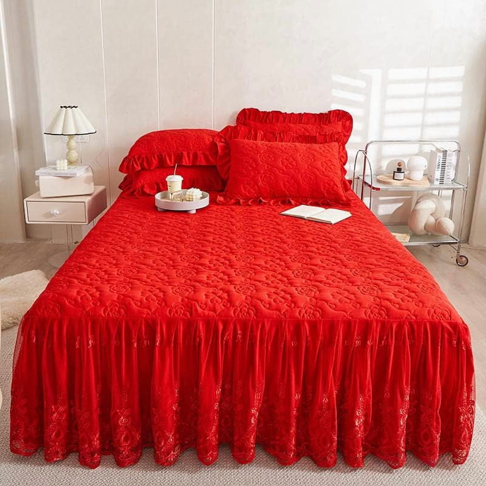 Flower Pattern Quilted Brocade Cotton Bedspread with Lace Ruffled Bed Skirt, Queen Size, Light Turquoise