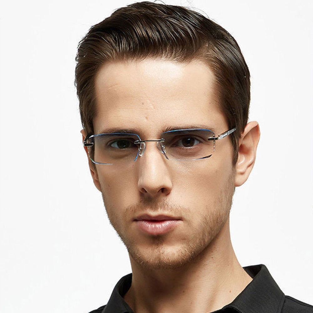 Mens Fashion Blue Light Blocking Rimless Reading Glasses 3.0, Metal Silver Spring Hinge Business Rectangle Blue Lens Sunglasses Readers +3.00