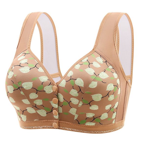 Bigersell Front Snap Closure Bras Older Women Full-Coverage Wireless Bra Ladies V-Neck Padded Bras No Underwire Womens Daisy Bras Front Closure Bras Wire-Free Brassiere Khaki 42