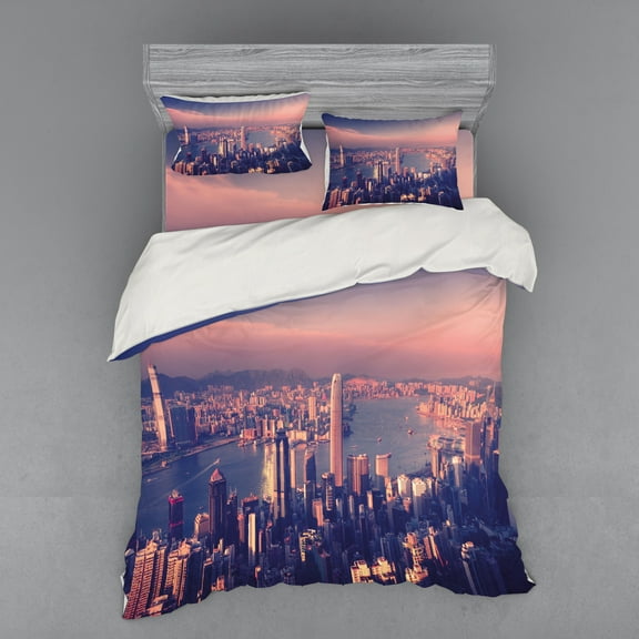 Ambesonne City Bedding Set 4 Pcs, Dreamy Hong Kong Scenery, Queen, Pale Pink Night Blue