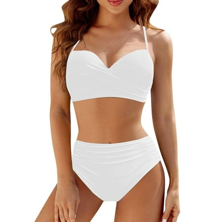 High Waisted Bikini Sets For Women Cheeky Twist High Waisted Bikini Sexy Push Up Womens Bathing Suits 2 Piece Swimsuits Halter Bikini Sets For Women #08 White S