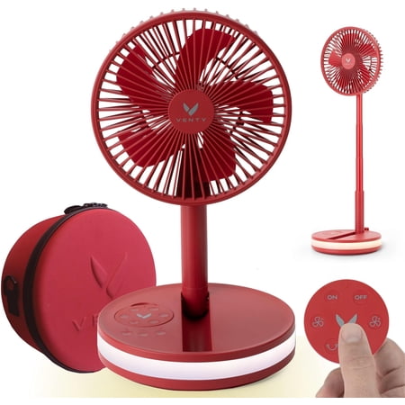VENTY Portable Fan - Wireless Battery Operated Fan, 48HR Run Time 16000MAH Battery, Oscillating Rechargeable Fan, Remote Control & LED Lighting, Folding Telescopic Camping Fan (Red with Case)