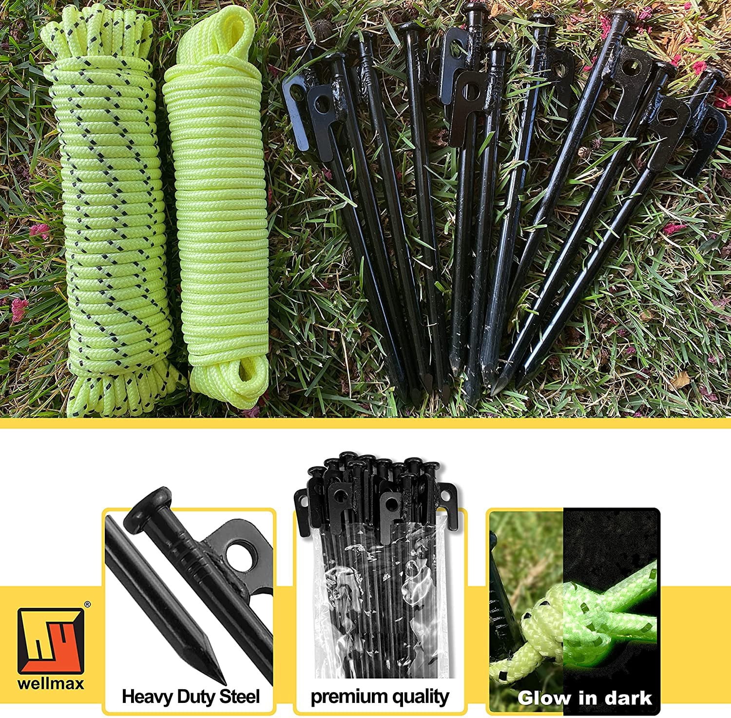 Wellmax 10PC Heavy Duty Tent Stakes with 2PC Glow in Dark Rope 3/16" x50ft and 1/4" x50ft Black