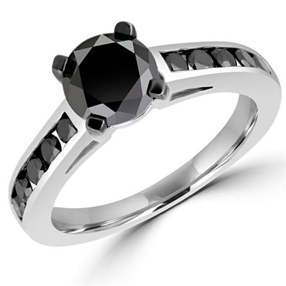 MDR140105-8.75 0.9 CTW Round Black Diamond Solitaire with Accents Engagement Ring in 10K White Gold - Size 8.75