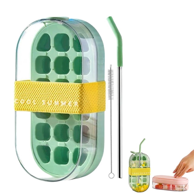 Ice Cub-e Bottle with Straw, 2-in-1 Water Bottle Ice Cube-s Tray with Lid and Container, Squeezze to Remove, Making Freezer Coffee Juice for Home Kitchen Travel Outdoor Camping