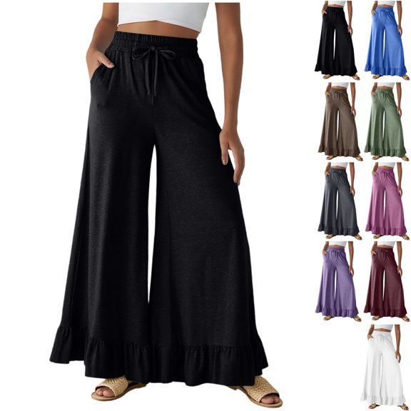 Aezemi Ruffle Wide Leg Pants Women Soft Flowy Boho Summer Elastic Waist Drawstring Long Trousers Comfy Outdoor Beach Vacation Fashion Daily Casual Bottoms with Pockets L