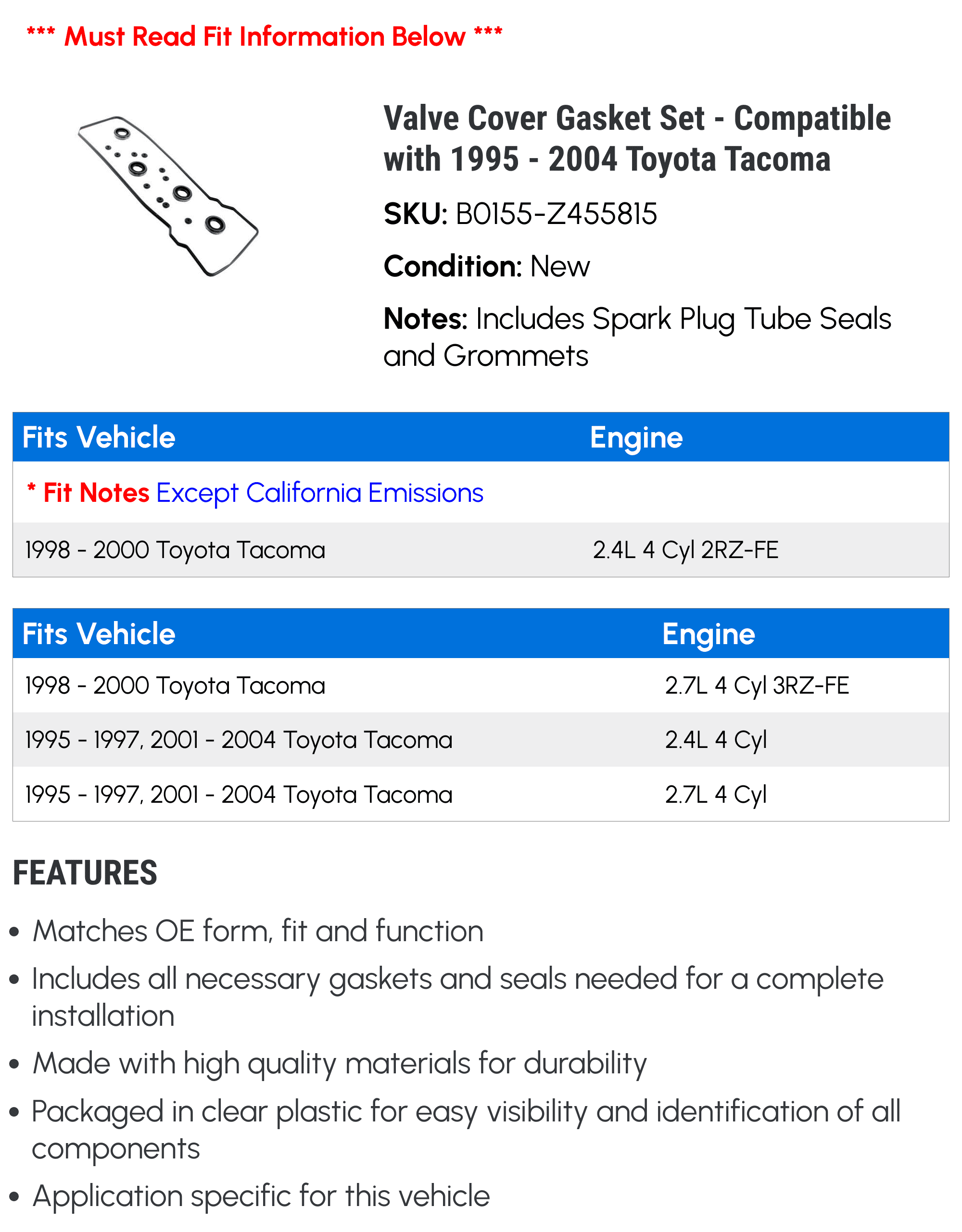 Valve Cover Gasket Set - Compatible with 1995 - 2004 Toyota Tacoma 1996 1997 1998 1999 2000 2001 2002 2003