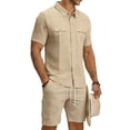 thumbnail image 2 of Men'S Short Sleeve Solid Color Workwear Button Down Shirt With Multiple Pockets And Cargo Shorts Set For Summer Casual Wear,Khaki,XXL, 2 of 6