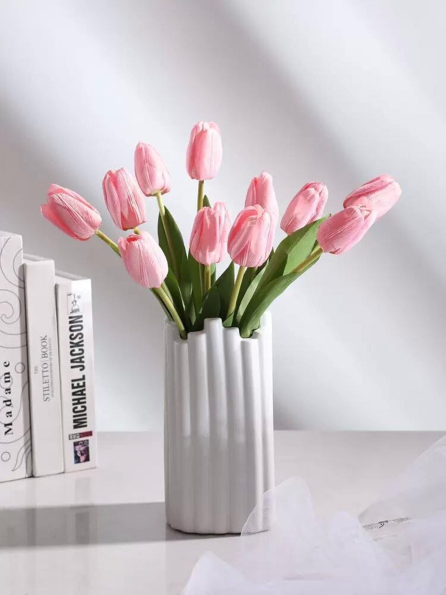 10 Pink Flowers Artificial Tulips Silk Fake Flowers 13.5 Inch for Valentine's Day, Easter, Bulk Home Kitchen Wedding Table Decoration