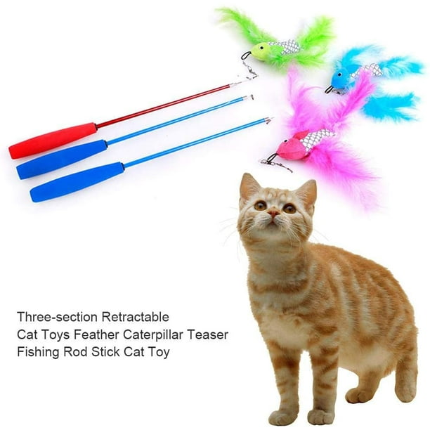 Three-Section Retractable Cat Toys Feather Caterpillar Teaser Fishing Rod  Stick Cat Toy (Random Color) 