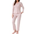 thumbnail image 1 of Conjuntos de pijama para mujer, botón, manga larga, cuello en V, ropa de estar en casa, pantalones con cintura elástica, 2 piezas con bolsillos, S, rosa, 1 of 6