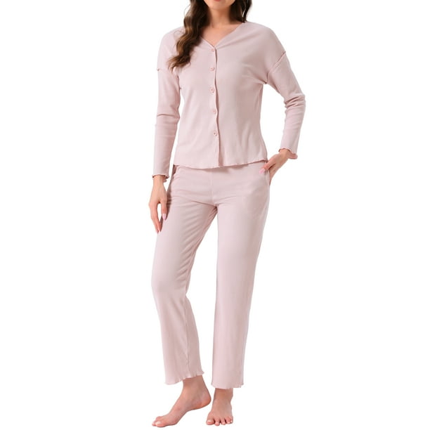 Conjuntos de pijama para mujer, botón, manga larga, cuello en V, ropa de estar en casa, pantalones con cintura elástica, 2 piezas con bolsillos, S, rosa