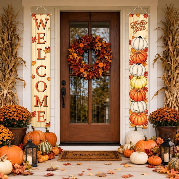 Welcome Happy Fall Door Banners, Pumpkin Fall Porch Door Decor Banner