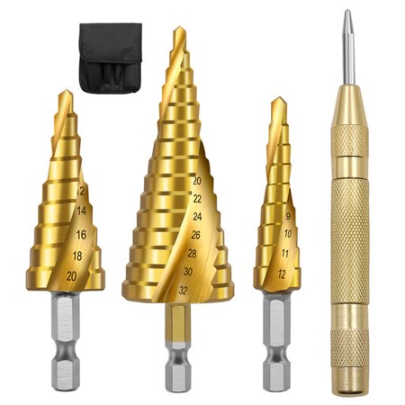 

Mumuzhao 4 Piece Step Drill Bit Set and Automatic Center Punch with Bags for Metal and Wood