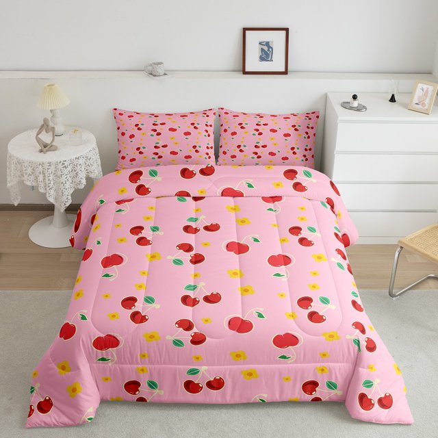 Erosebridal Cherry Bedding Sets Queen with Comforter for Teens, Cartoon Duvet Insert, Rustic Flower Decor, Reversible 3pcs
