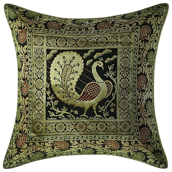 Stylo Culture Indian Zippered Brocade Black And Gold Throw Pillow Covers 16x16 Jacquard Weave Banarsi Sofa Decorative Pillow Case Covers Dancing Peacock Floral 40x40 cm Cushion Covers (1 Pc)