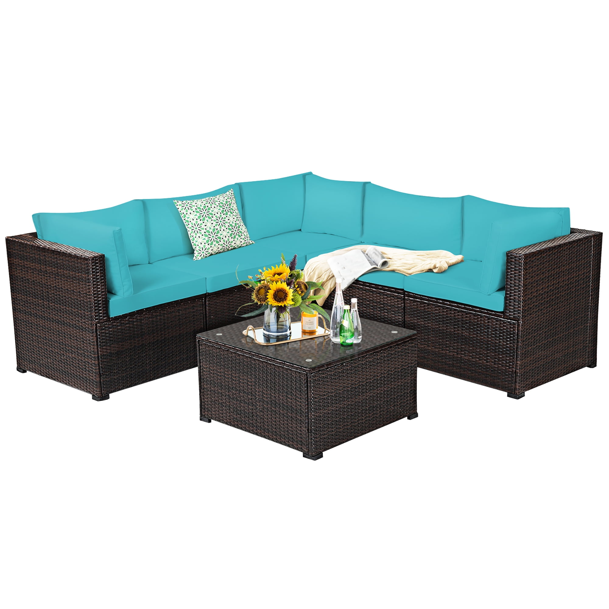 Costway 6PCS Patio Rattan Furniture Set Sectional Cushioned Sofa Deck Turquoise