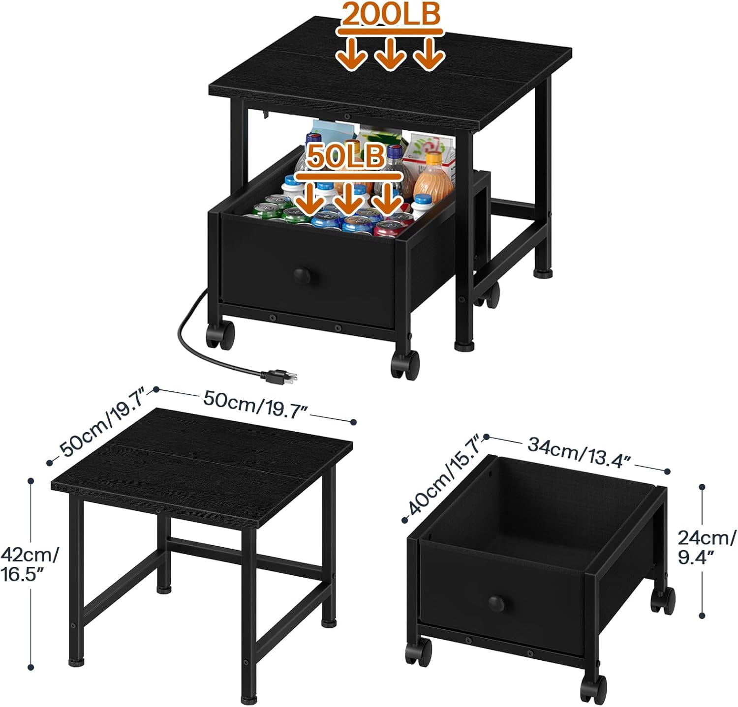 Mini Fridge Stand with Non-Woven Storage Basket and Power Outlet, Mobile Fridge Shelf for Home Apartment Dorm Black