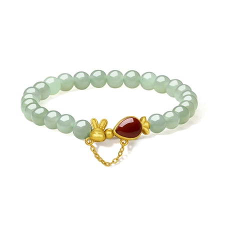 ZHOU LIU FU Jade Beaded Bracelets for Women 925 Sterling Silver Gold Bunny Carrot Charm Red Agate Healing Stone Lucky Bracelet Fengshui Green Gemstone Jewelry