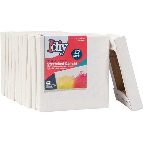 iDIY Stretched Canvas Board 4 x 4 (Set of 12) 5/8" - Classic White Blank, Pre Primed for Oils or Acrylics, 100% Cotton, Acid Free - Professional Grade for Painting or Art Project, Craft, Mixed Media