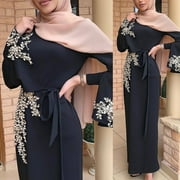 Aellinatey Women Muslim Dubai Abaya Long Sleeve Maxi Dress Floral Lace Beading Hijab Kaftan