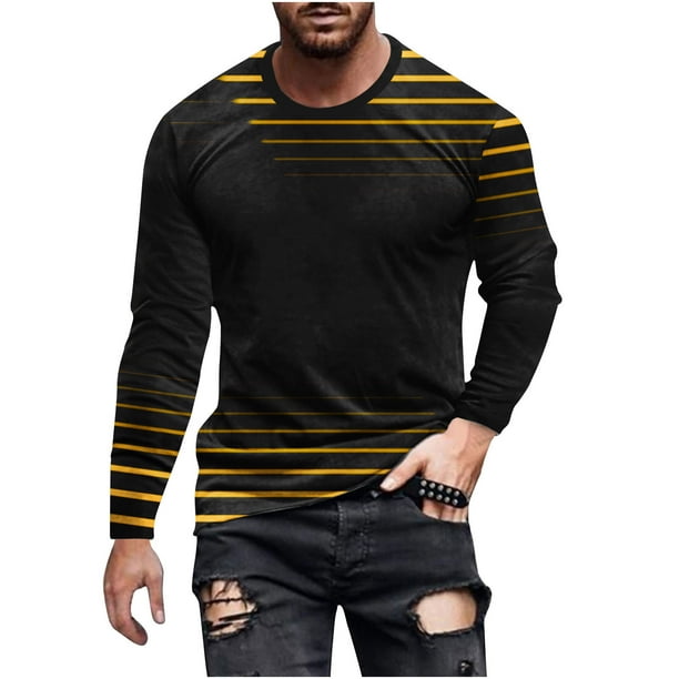 Blusas y camisas de manga larga con cuello redondo para hombre, blusa informal de manga larga con cuello redondo y estampado de rayas, blusa de poliéster para hombre