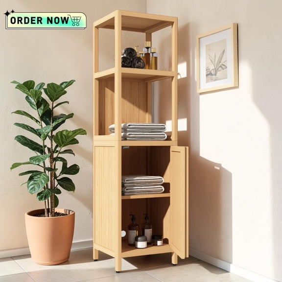 Tcbosik Tall Bamboo Bathroom Cabinet, 52" Narrow Storage Cabinet with Open Shelves and Door, Freestanding Organizer Unit for Small Space, Easy Assembly, Natural