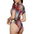 thumbnail image 3 of KLL Women 's Crew Neck Bodysuit Jumpsuits Hawaiian Style Print Short onesies Stretch T Shirts, 3 of 7