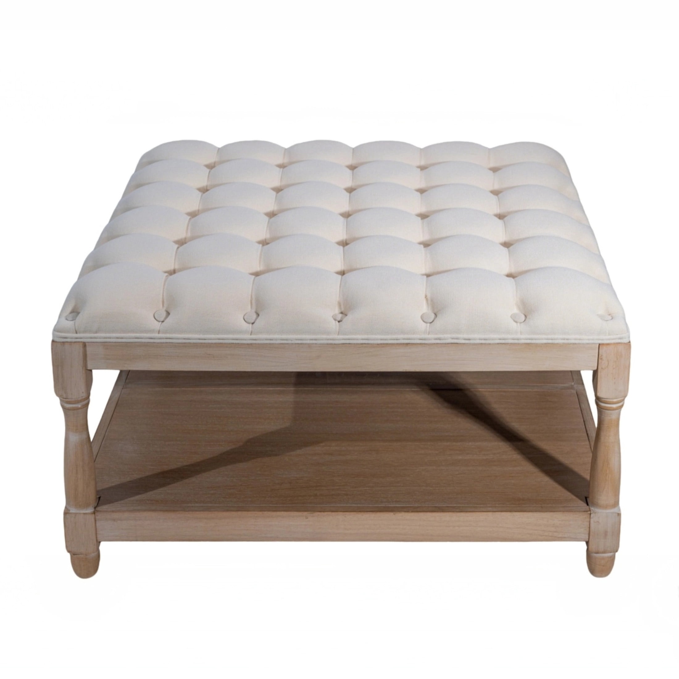 Noble House 33" Large Square Tufted Storage Ottoman Coffee Table with Storage Shelf and Solid Wood Base, Beige