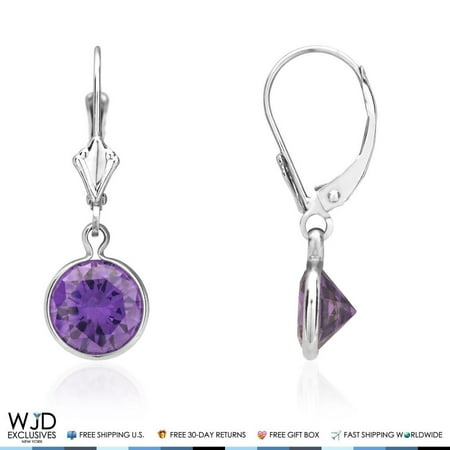 - 14K White Gold Bezel Set Round Amethyst Dangle Drop Lever Back Earrings 1