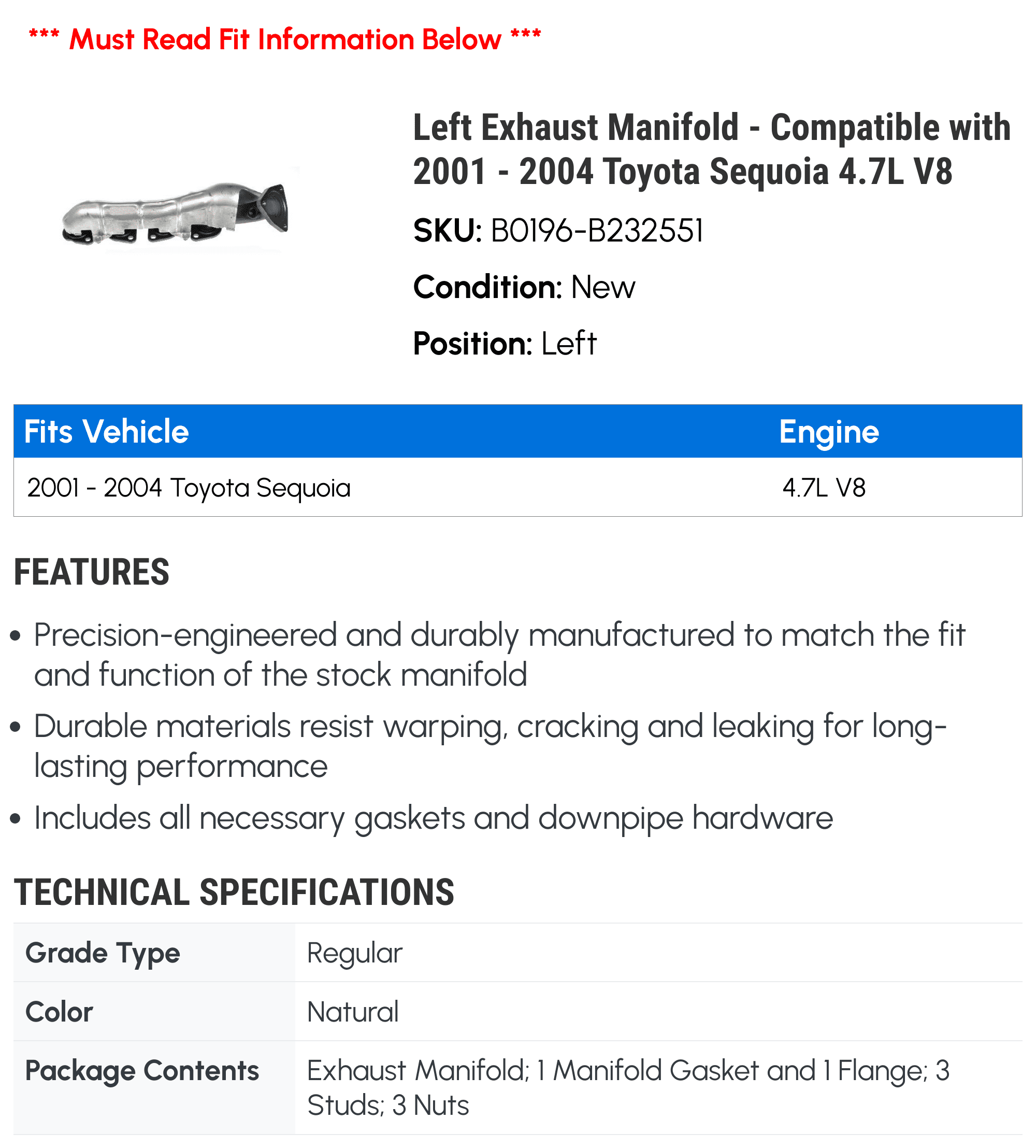 Left Exhaust Manifold - Compatible with 2001 - 2004 Toyota Sequoia 4.7L V8 2002 2003