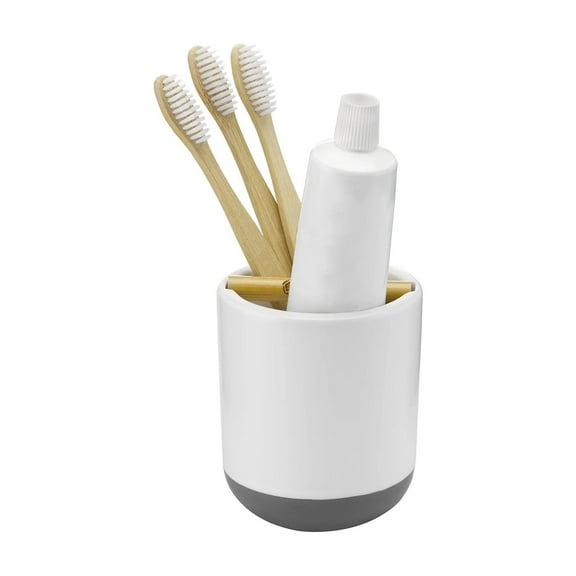 Full Circle Keep It Clean Ceramic Bamboo Dry Earth Absorbent Disk Toothbrush Holder for bathroom - White & Gray