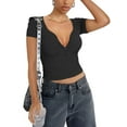 thumbnail image 3 of Liacowi Women's Slim Fit Crop Tops Casual Solid Color V Neck Short Sleeve Tight Tee Shirt Basic Streetwear, 3 of 6