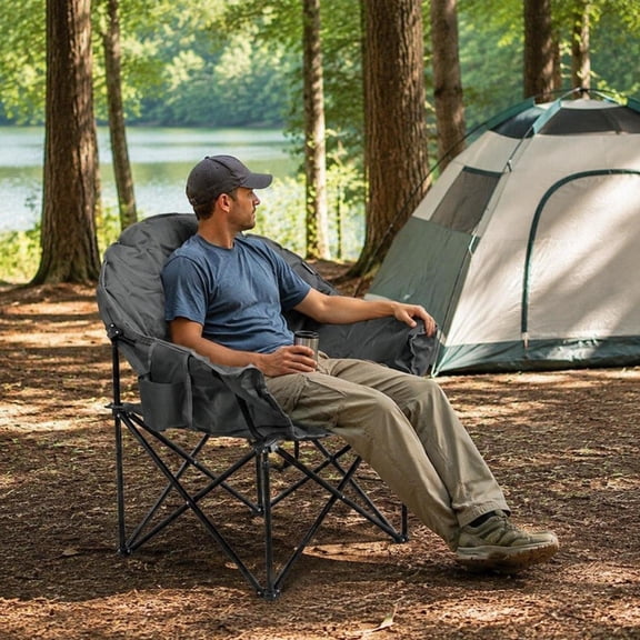 Folding Camping Moon Chair, padded seat, built-in cup holder, gray, with carrying bag