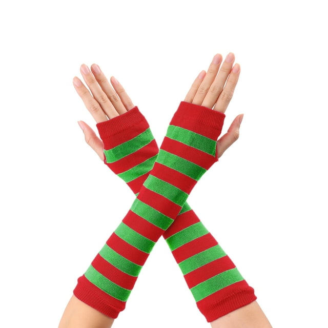 Unique Bargains Gants pour Femmes à Rayures en Tricot Sans Doigts Longueur Coude Paire Rouge Vert Larges Rayures