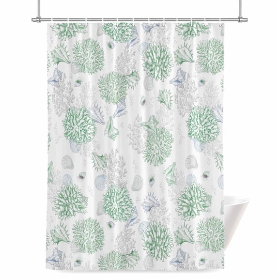 Summer Marine Life Shower Curtain, 72" x 84", Ocean Green Coral Shell Coastal Conch Waterproof Bathroom Curtain Washable Shower Curtain Set with 12 Hooks