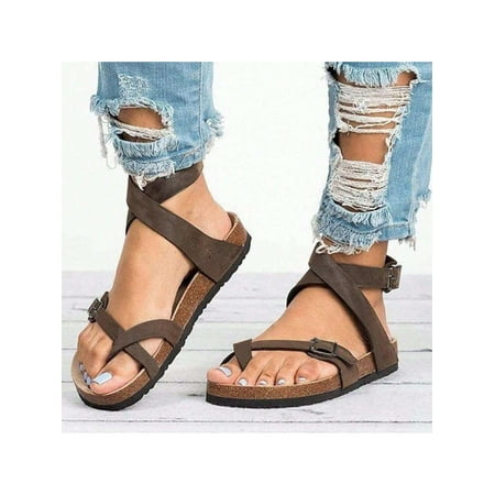 

Womens Strappy Slip-On Slippers Adjustable Buckle Cork With Comfortable Arch Support Outdoor Footbed Slides For Sandals