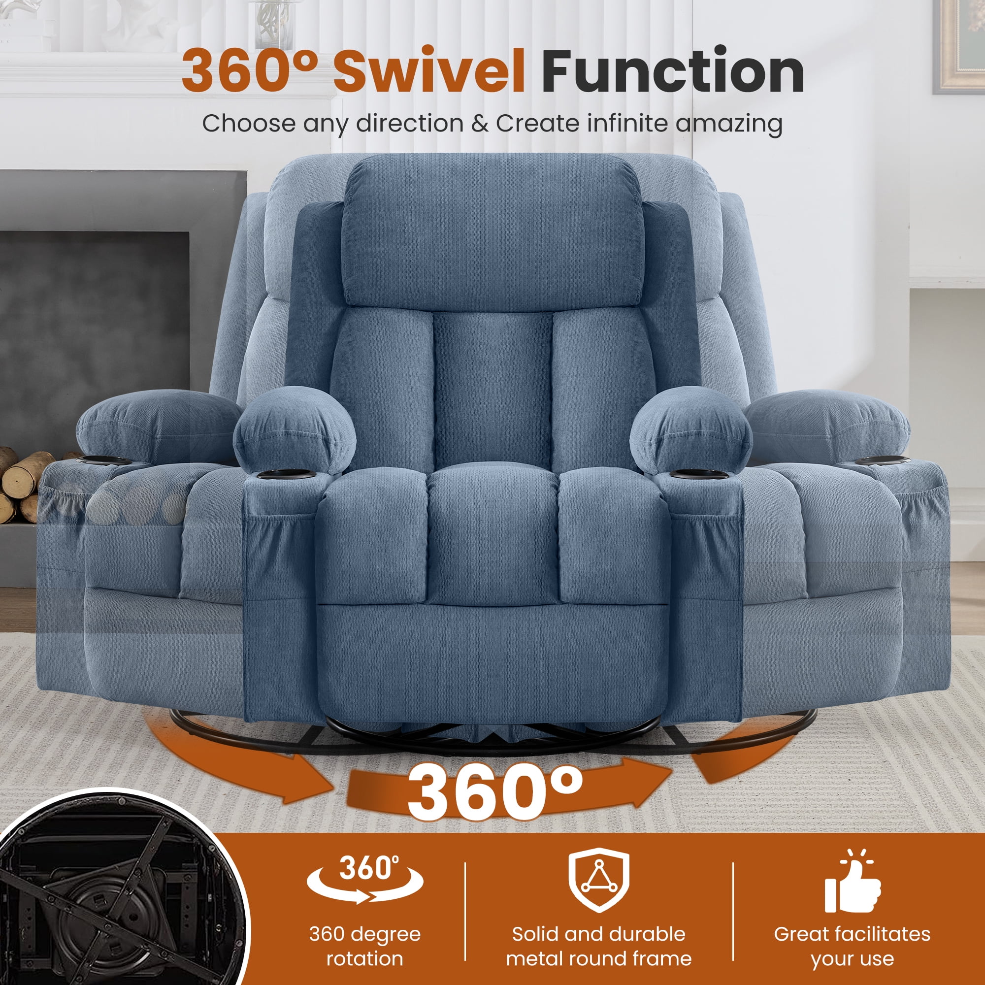 Alvantor Swivel Recliner Chair with Massage & Heat for Adults, Single Rocker Sofa with Cup Holders for Bedroom Home Theater Blue