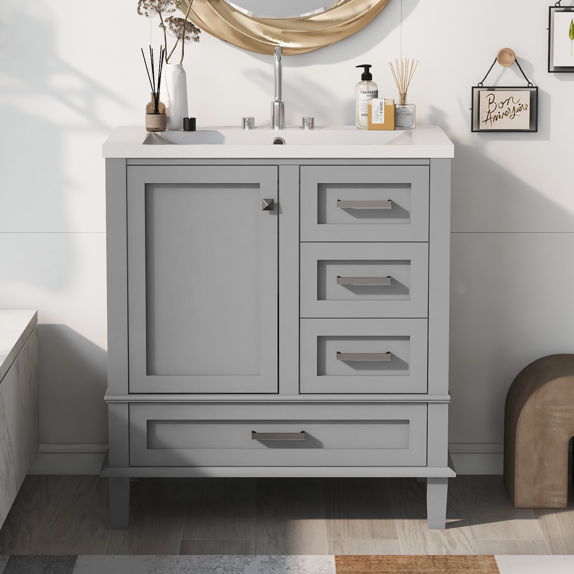 Harper & Bright Designs 30" Grey Bathroom Vanity Cabinet with Sink Combo Set, Bathroom Storage Cabinet with a Soft Closing Door and 3 Drawers, Solid Wood Frame