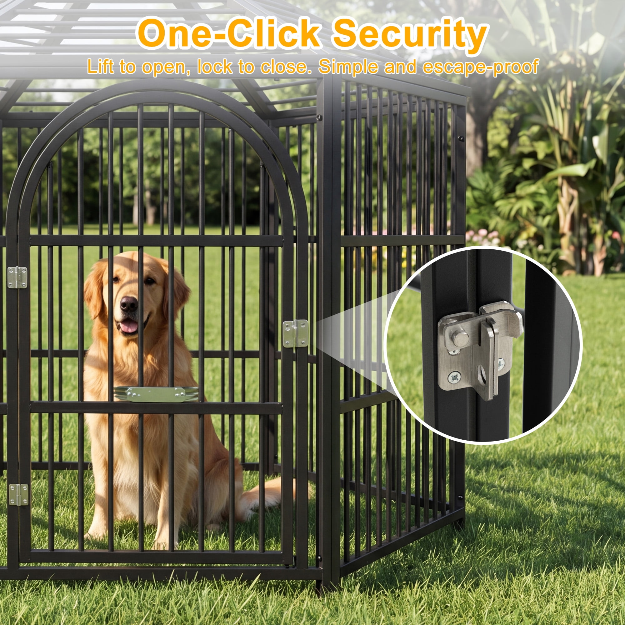 Okeysen 50 inch Hexagon Outdoor Large Dog Kennel with All-Weather Cover, Heavy-Duty Steel Frame, 5 Ground Anchors & Adjustable Bowl Stand