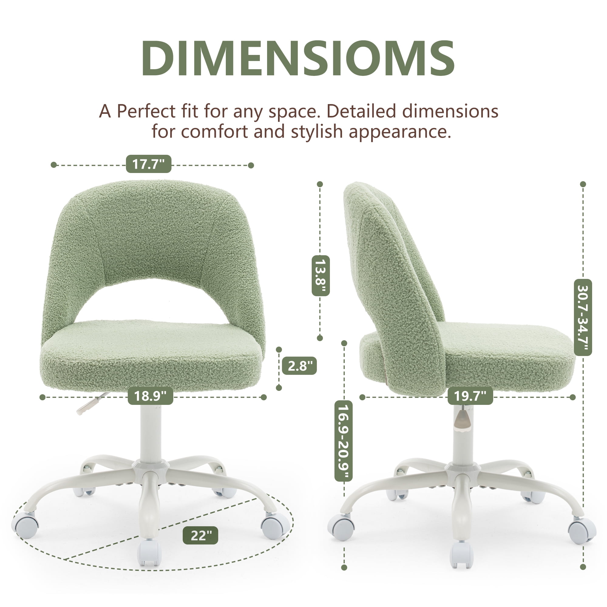 ENYLAY Green Fluffy Teddy Fleece Vanity Chair, Height Adjustable 360° Swivel Rolling Desk Chair, Ergonomic Upholstered Makeup Chair, Modern Cute Accent Chair for Bedroom Home Office Vanity Room