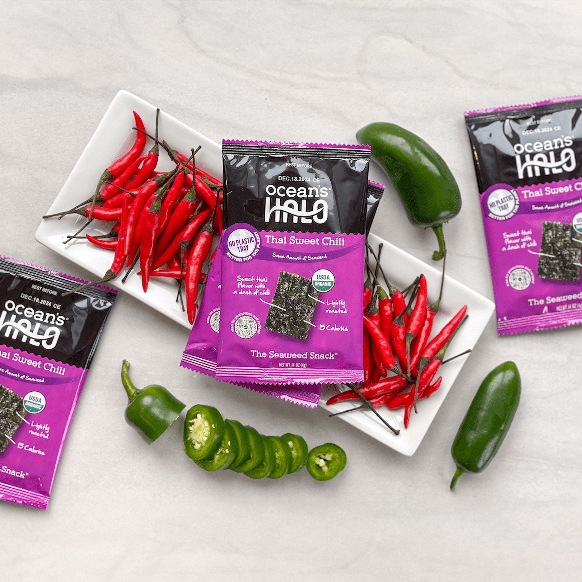 (10 pack) Ocean's Halo, Organic Trayless Seaweed Snack, Thai Sweet Chili, Vegan, Shelf-Stable Nori, No Plastic Tray, 0.14 oz
