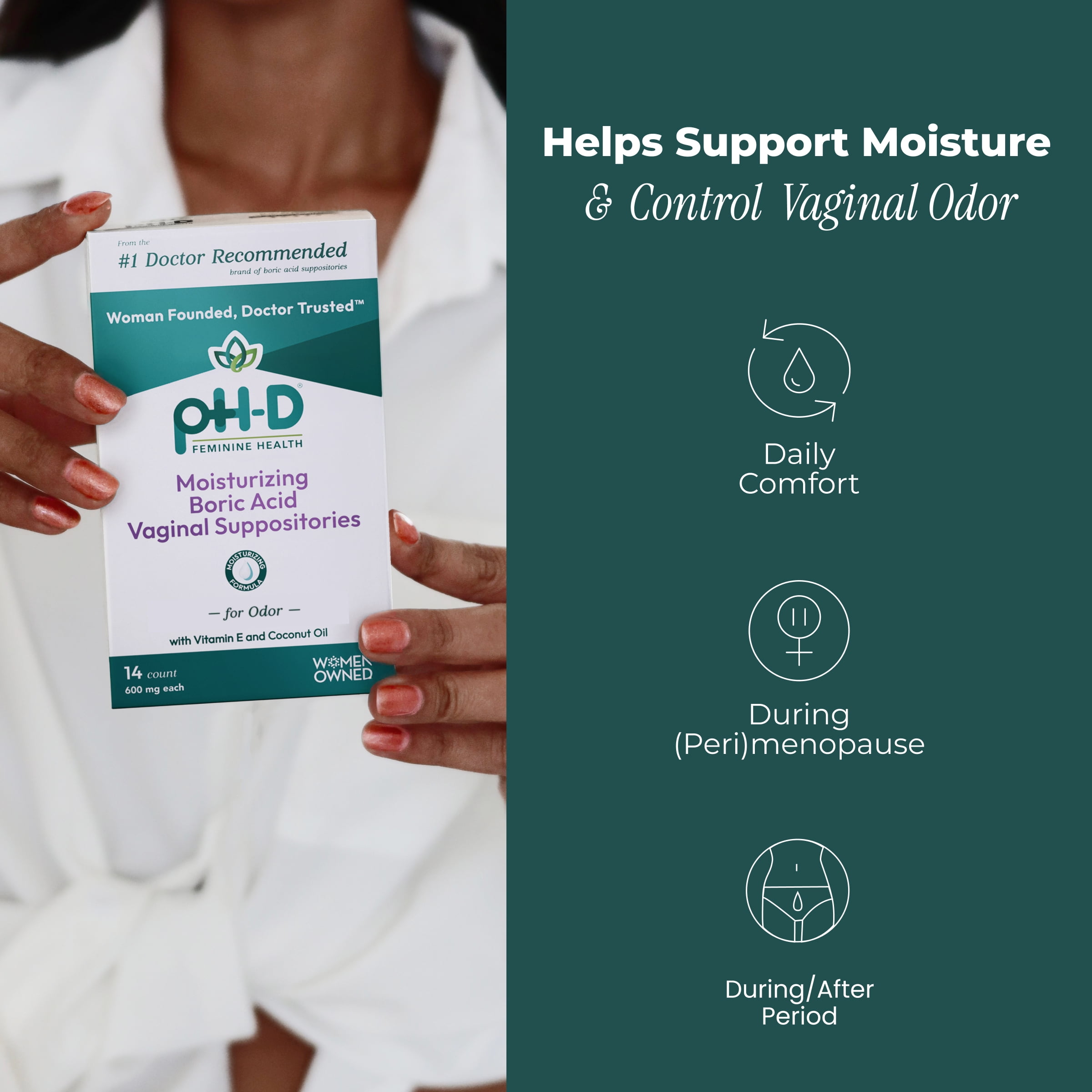 pH-D Feminine Health Vaginal Moisturizing Suppositories, Hydrating & Helps Control Odor, 14 Count