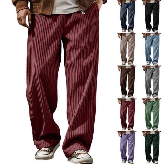 Men's Wide Leg Pants Corduroy Vertical Striped Drawstring Elastic Waist Uncuffed Straight Loose Draped Casual Retro Trousers with Side Pockets