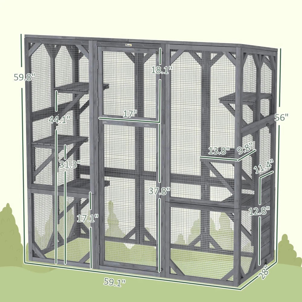GVN Cat Catio Enclosure, Cat Cage House,Large Wooden Catio Outdoor with 6 Jumping Platforms, Weatherproof Roof,Gray