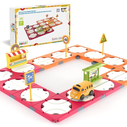 EverPlay 60PCS Race Car Track Building Blocks Playset with Accessories, STEM Educational Construction Toy, Vehicle Track Set for Kids 3 