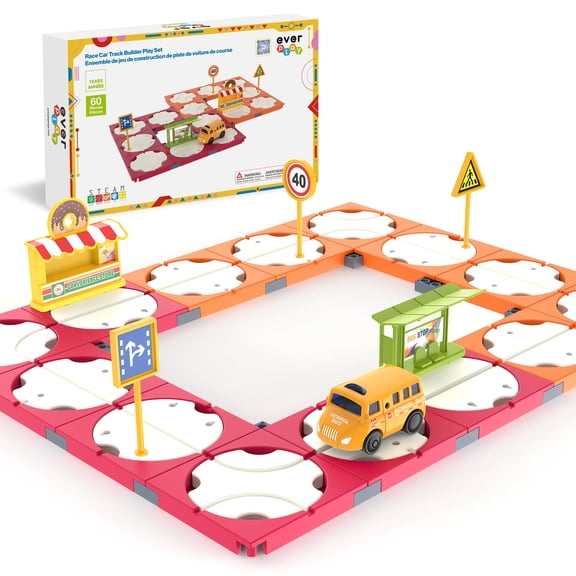 EverPlay 60PCS Race Car Track Building Blocks Playset with Accessories, STEM Educational Construction Toy, Vehicle Track Set for Kids 3 