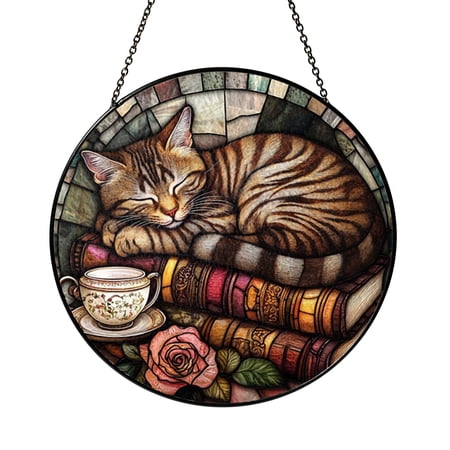 Window Suncatcher Featuring Sleeping Cat Book Tea Scene Cozy Literary Decor Ornament Home Library Accent Gift for Cat Lovers