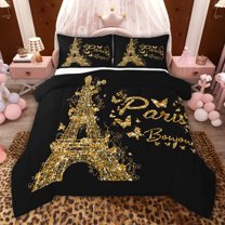 jejeloiu Cute Butterflies Twin Comforter Sets,Gold Eiffel Tower Bedding Set For Adults Reversible 2pcs